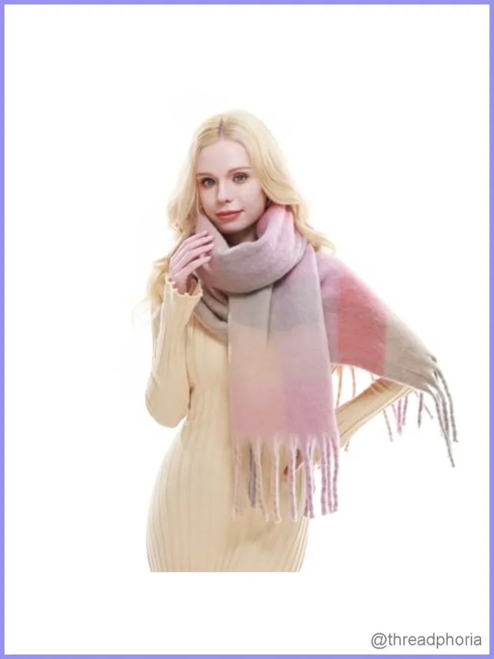 Chunky Plaid Winter Scarf Oversized Blanket Scarf with Fringes Soft Warm